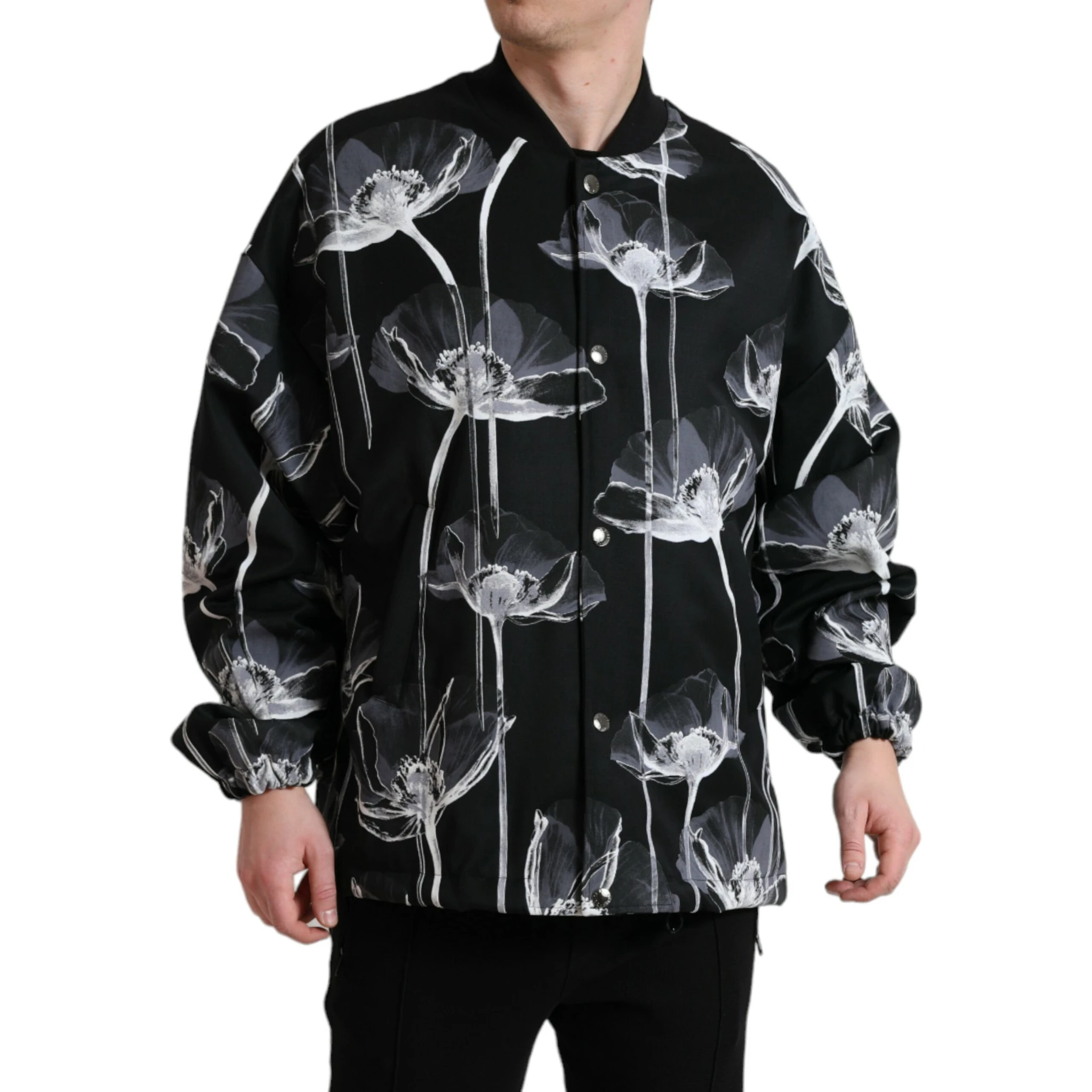Black Floral Print Wool Button Down Bomber Jacket