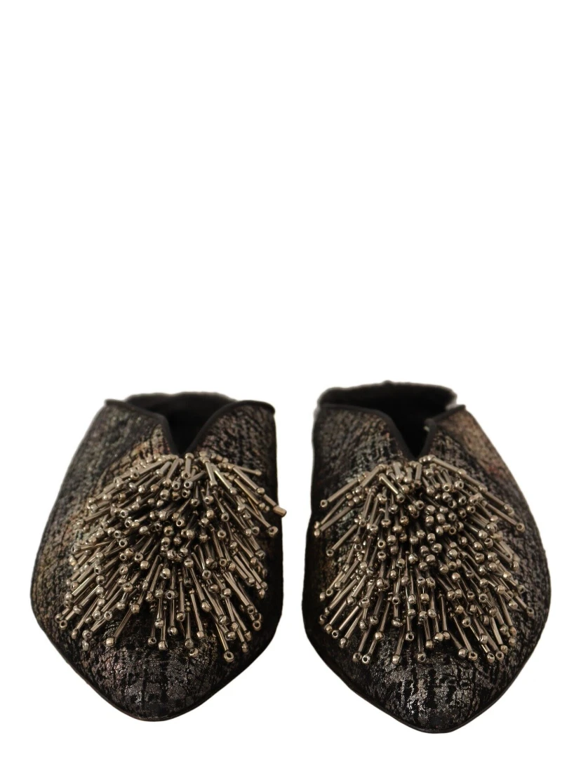 Gold Jacquard Leather Embellished Slip On Shoes