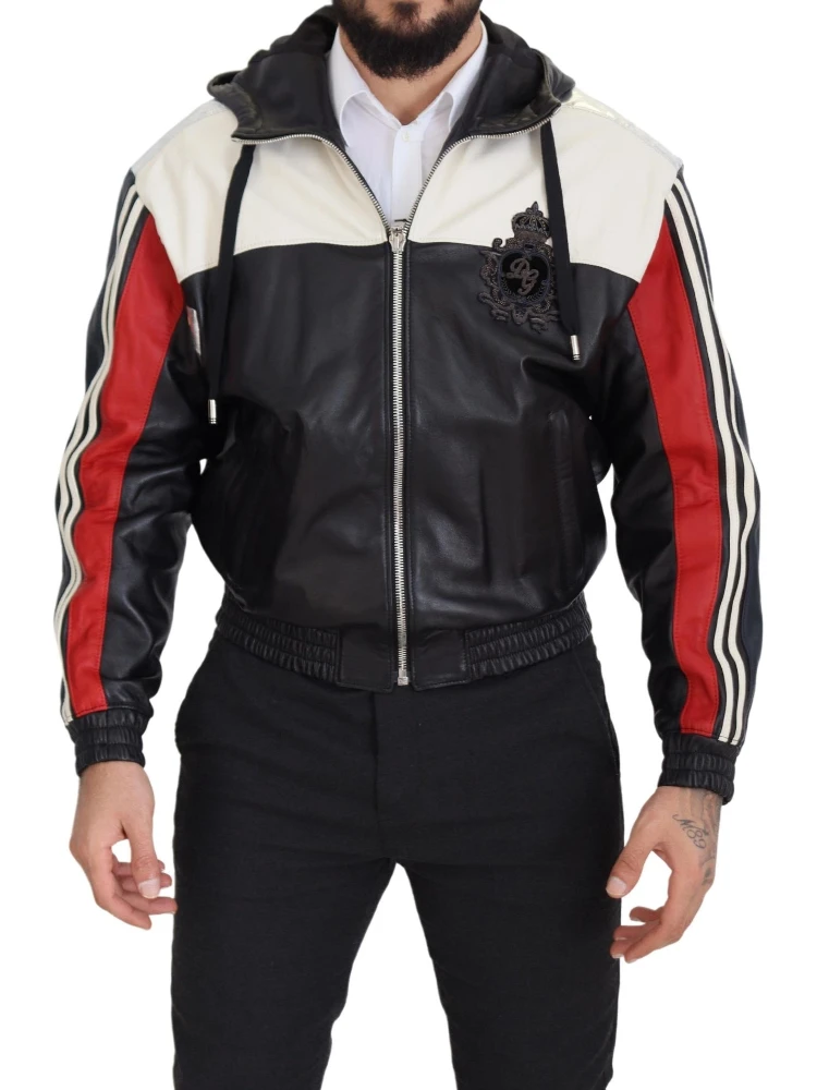 Black Leather Hooded Blouson Coat Jacket