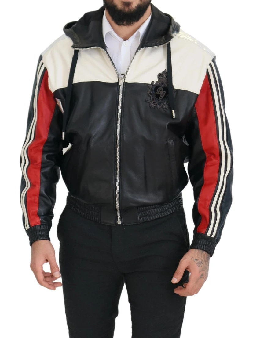 Black Leather Hooded Blouson Coat Jacket