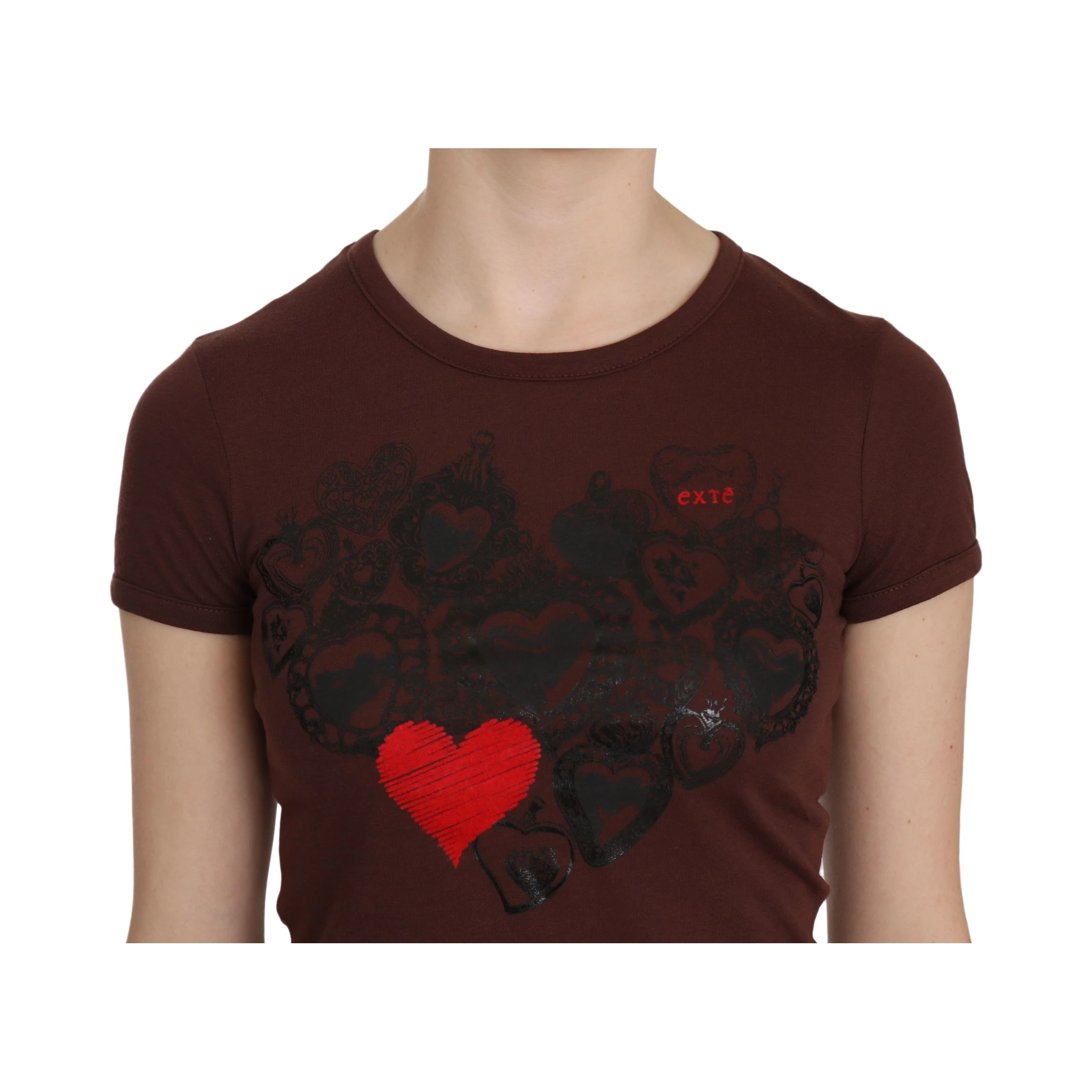 Brown Heart Print Crew Neck T-shirt Short Sleeve Blouse