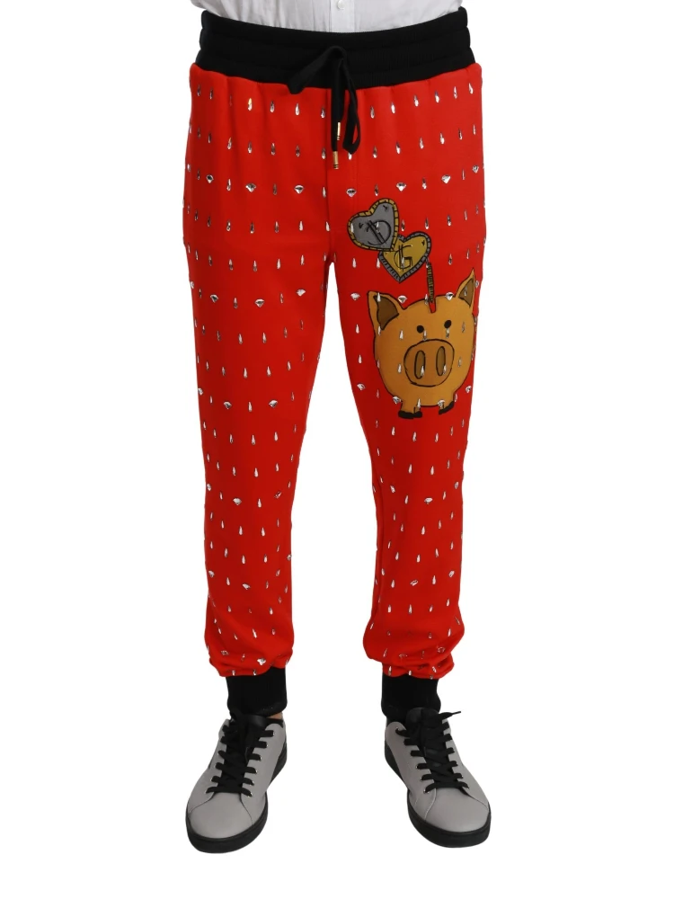 Red Piggy Bank Cotton Crystal Trousers Pants