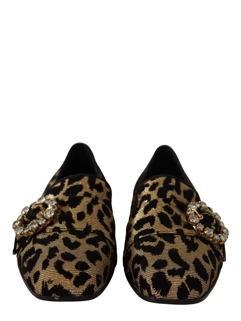 Gold Leopard Print Crystals Loafers Shoes
