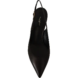 Black Leather Slingbacks Heels Pumps Shoes