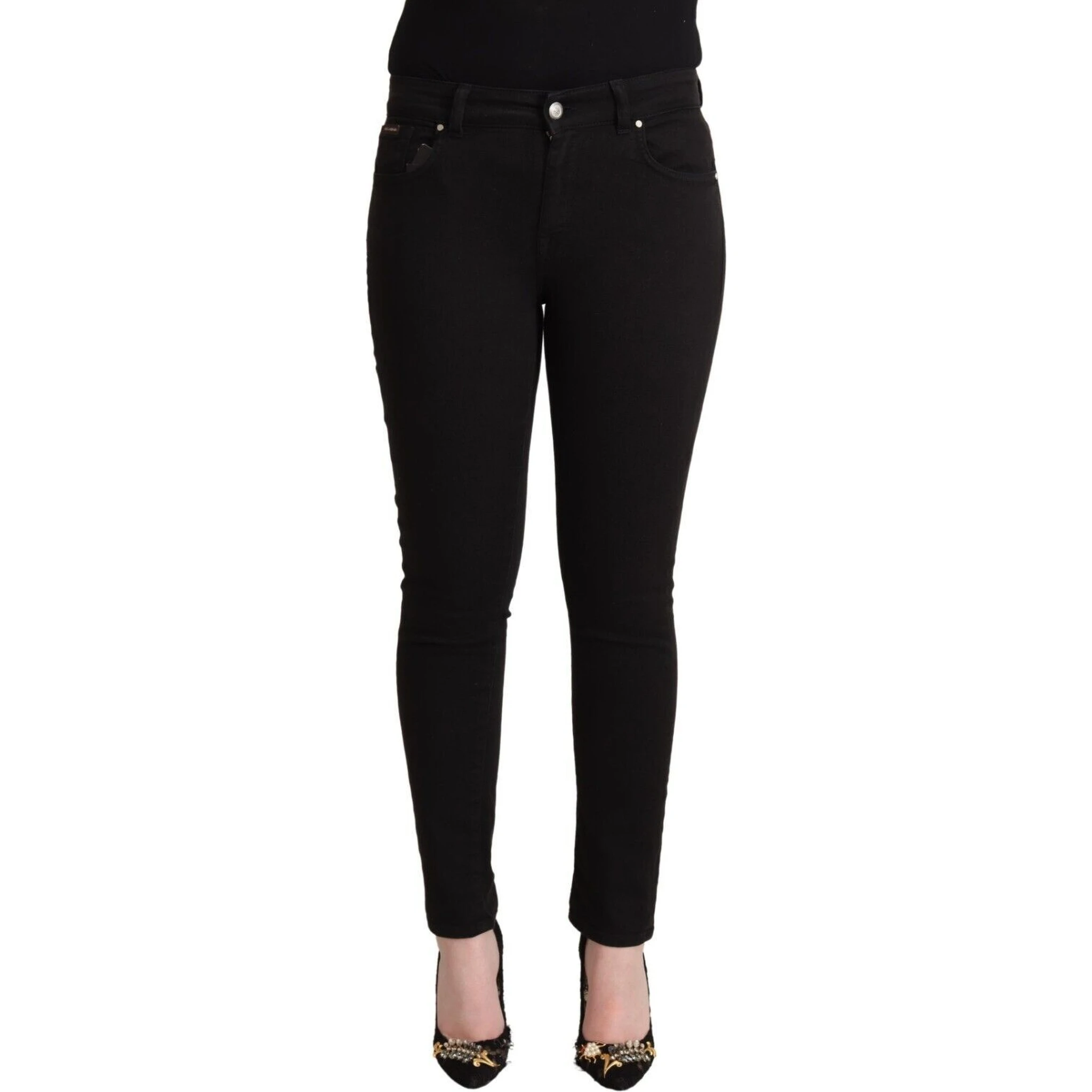 Black Cotton Mid Waist Denim Slim Fit Jeans