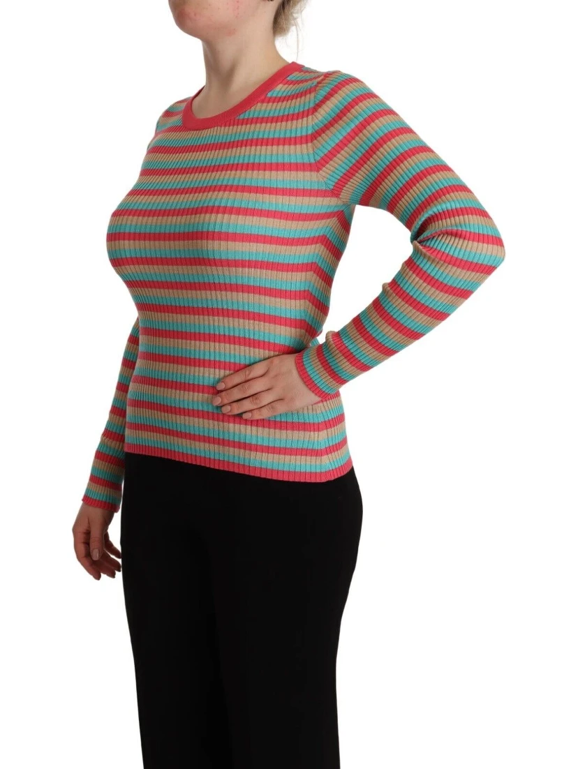 Multicolor Stripes Silk Crew Neck Pullover Top