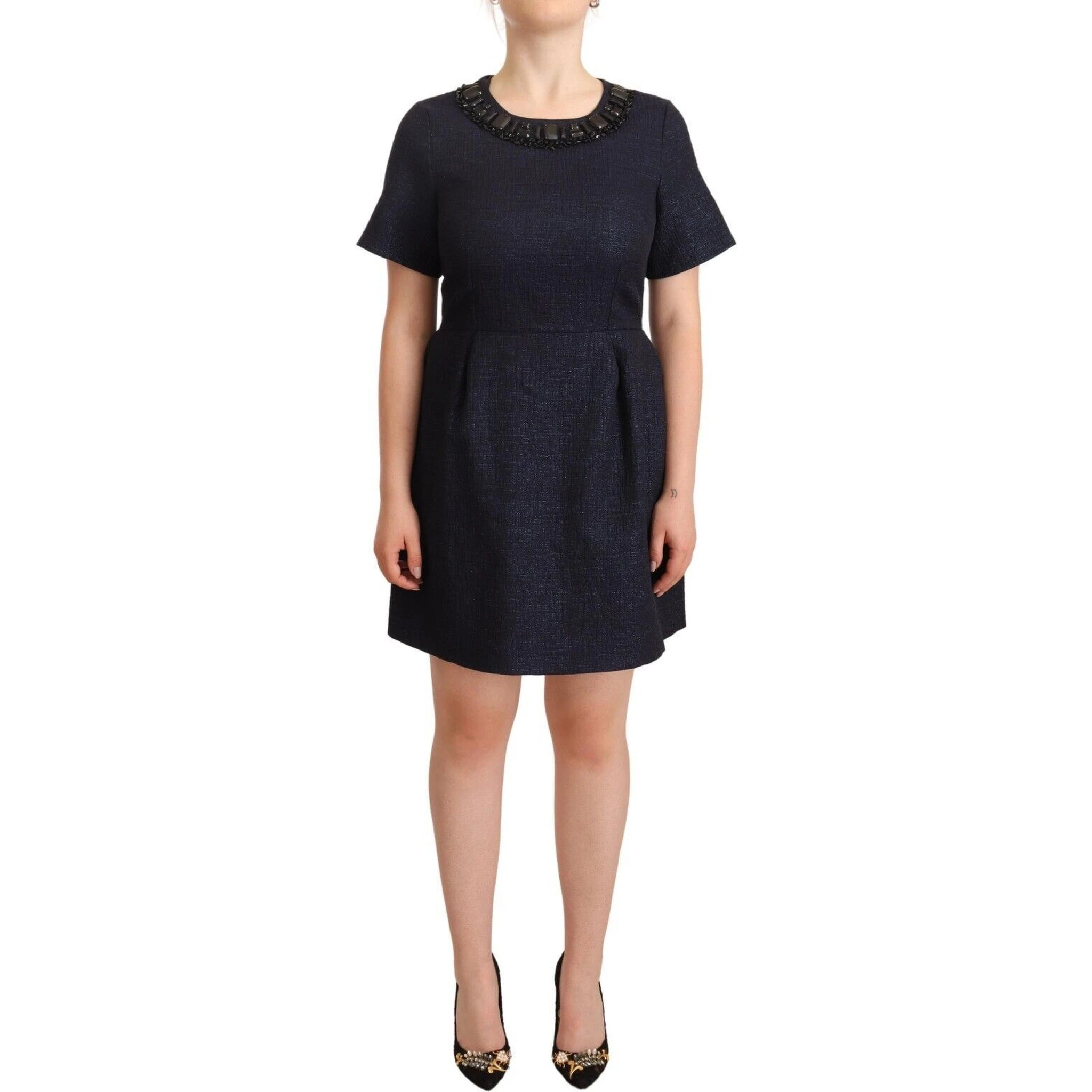 Black Embellished Short Sleeves Mini A-line Dress