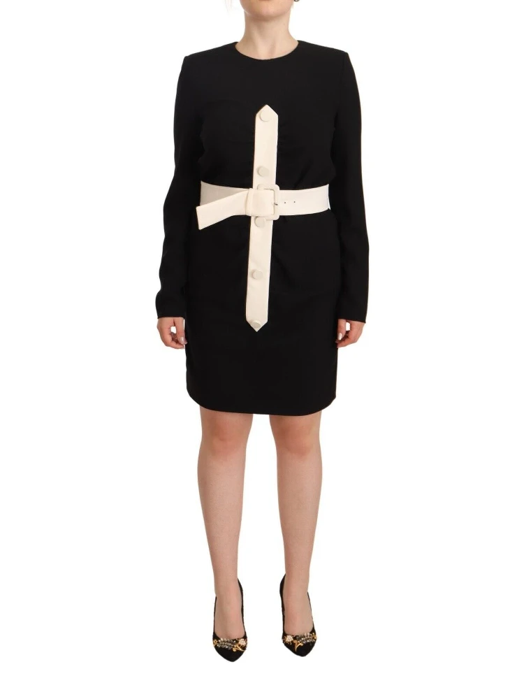 Black Wool Long Sleeves Belted Mini Sheath Dress