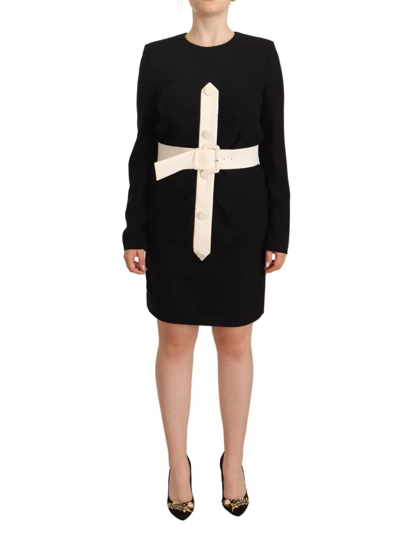 Black Wool Long Sleeves Belted Mini Sheath Dress