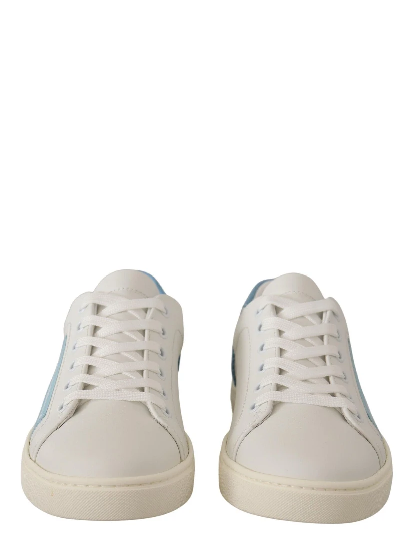 White Blue Leather Low Top Sneakers Shoes