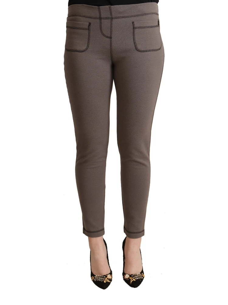 Gray Cotton Mid Waist Stretch Leggings Cropped Pants