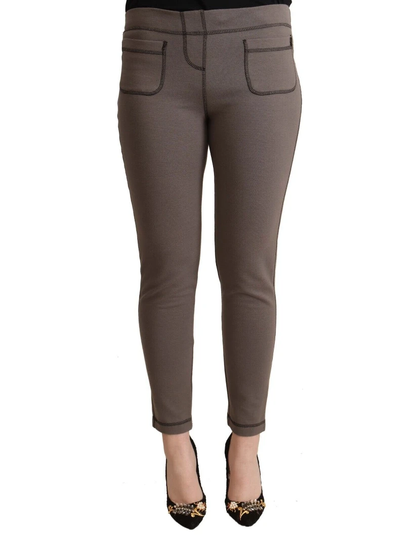 Gray Cotton Mid Waist Stretch Leggings Cropped Pants