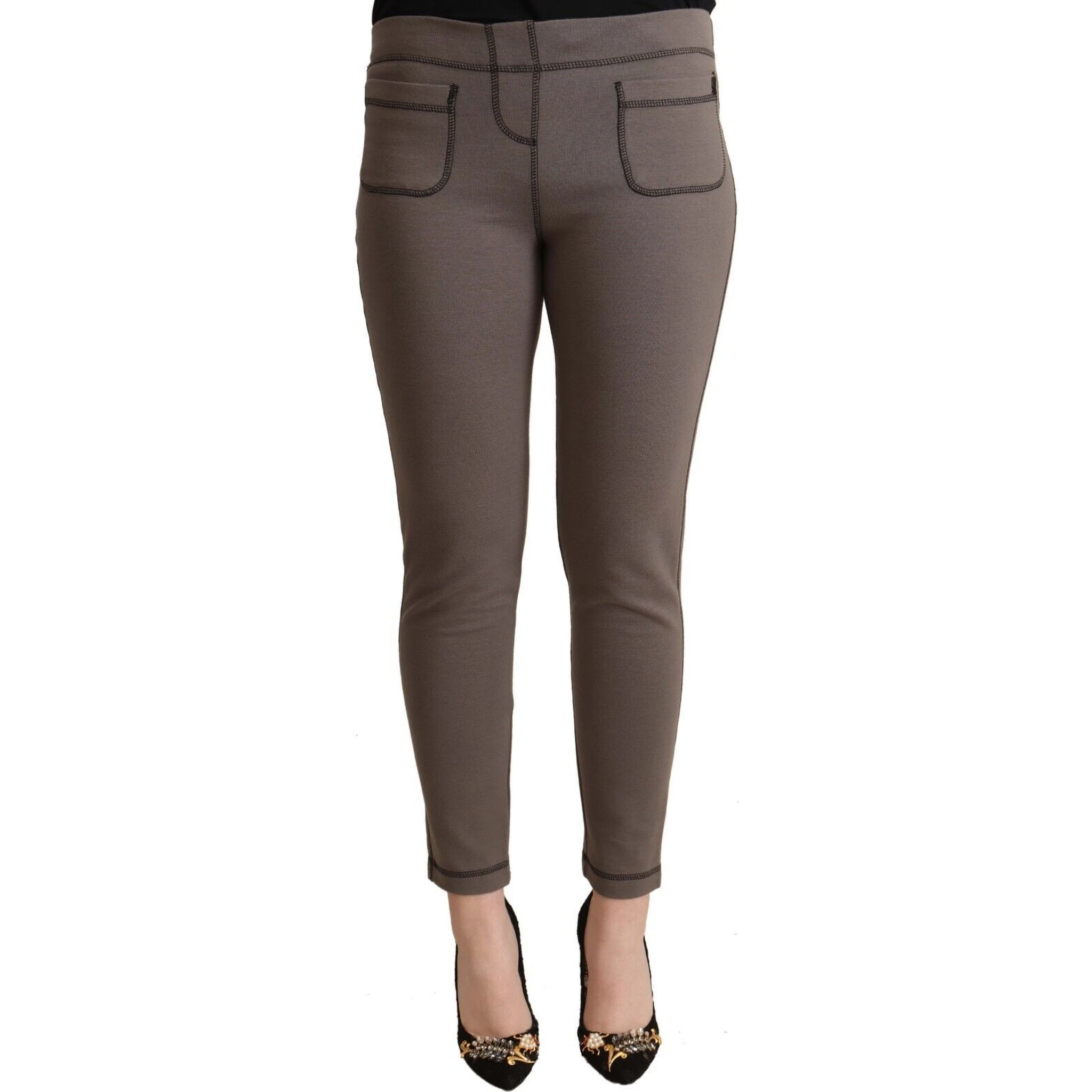 Gray Cotton Mid Waist Stretch Leggings Cropped Pants