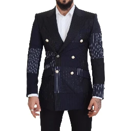 Blue Wool Patchwork Double Breasted Blazer