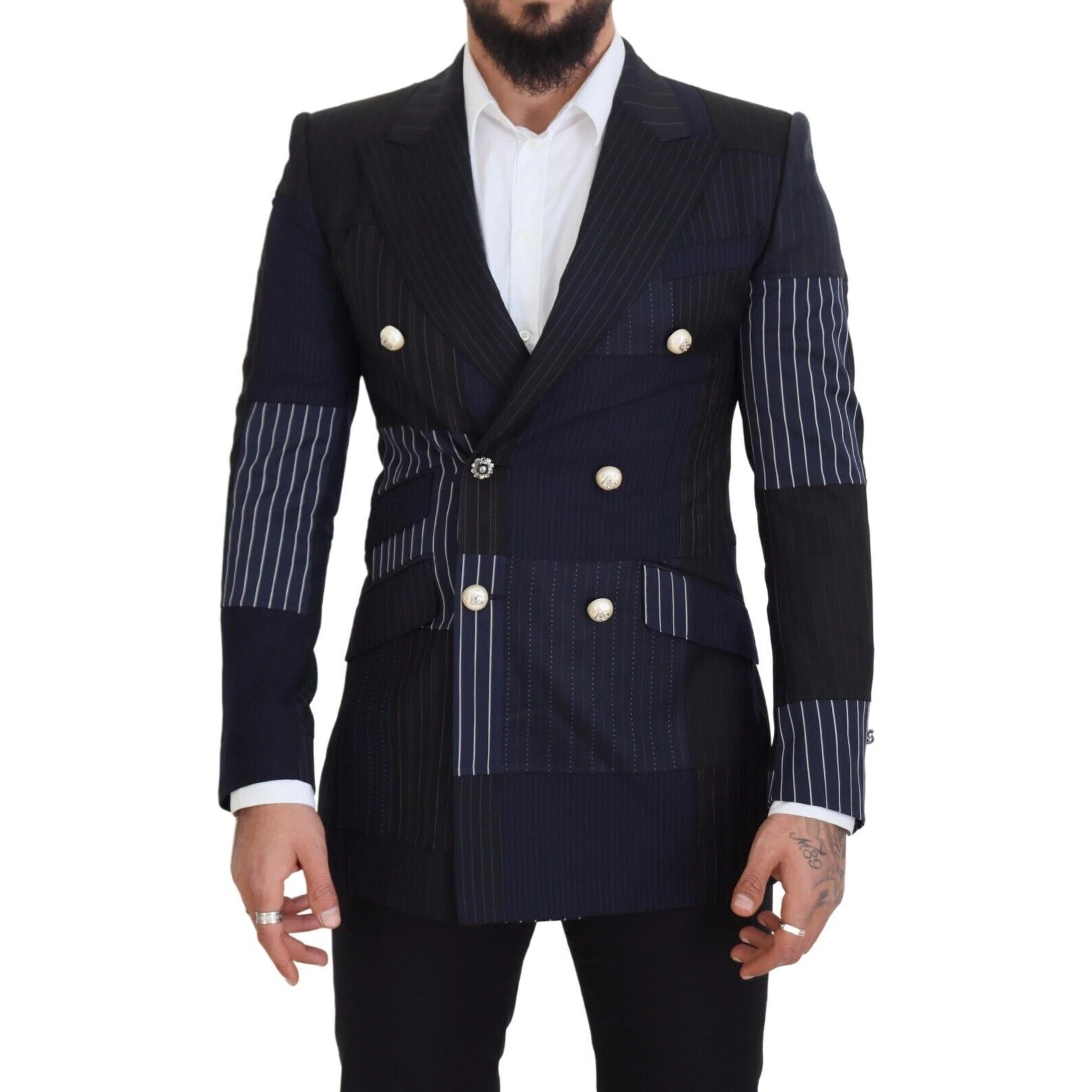 Blue Wool Patchwork Double Breasted Blazer