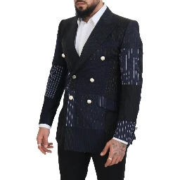 Blue Wool Patchwork Double Breasted Blazer