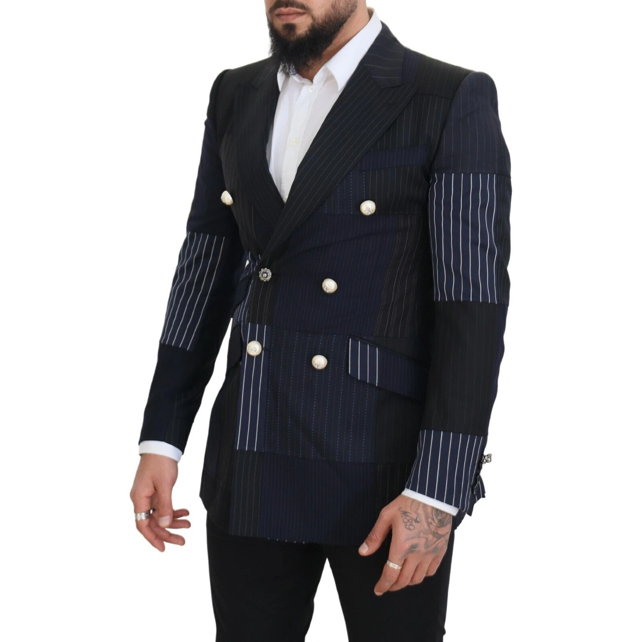 Blue Wool Patchwork Double Breasted Blazer