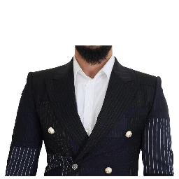 Blue Wool Patchwork Double Breasted Blazer