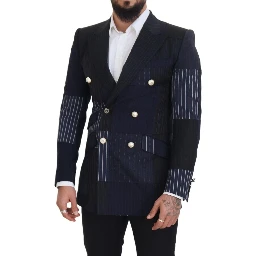 Blue Wool Patchwork Double Breasted Blazer