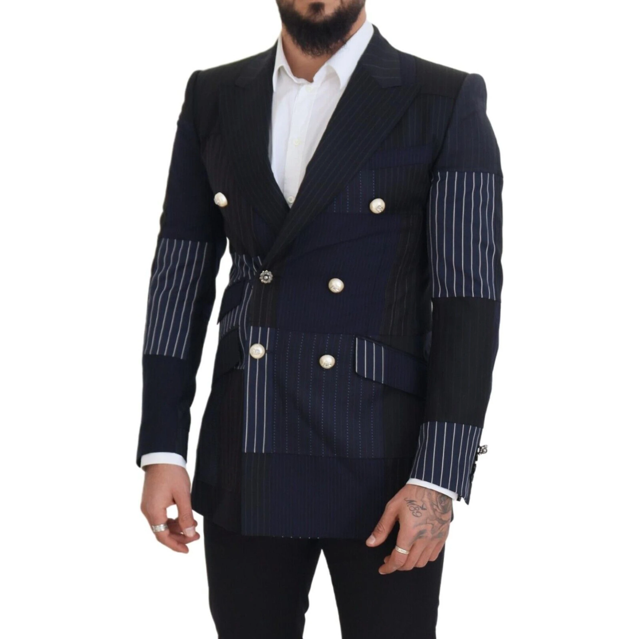 Blue Wool Patchwork Double Breasted Blazer