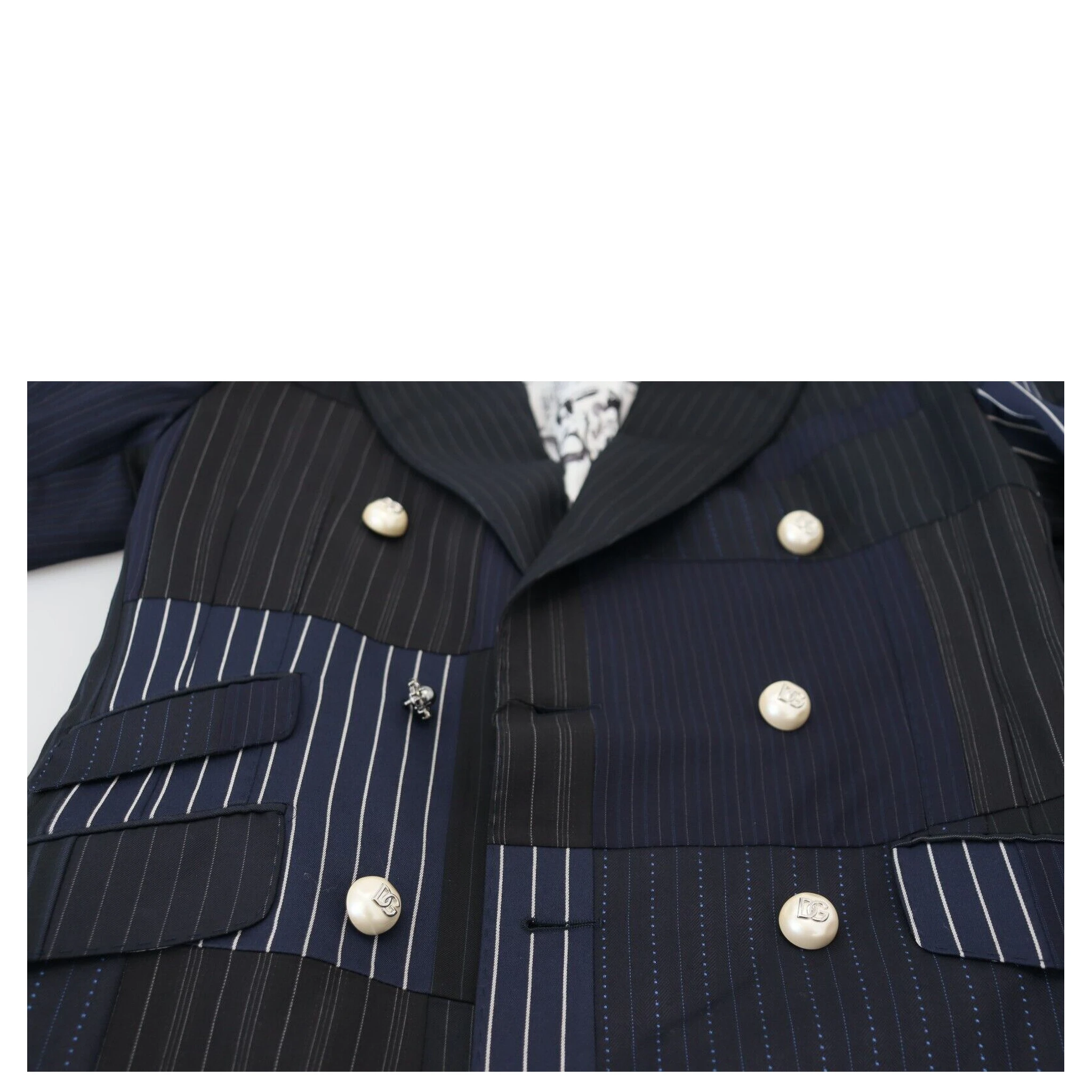 Blue Wool Patchwork Double Breasted Blazer