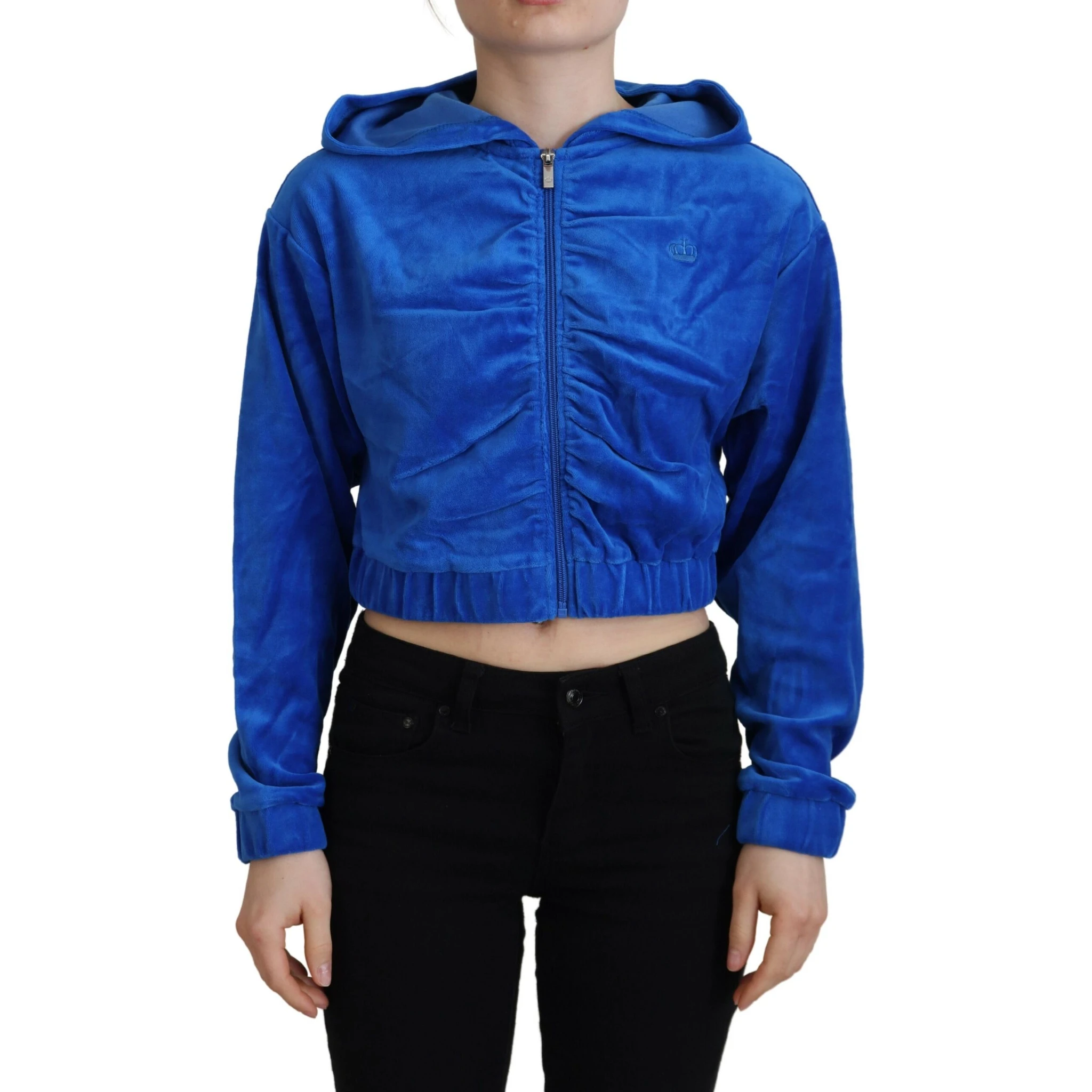 Blue Cotton Full Zip Cropped Hooded Sweatshirt Sweater