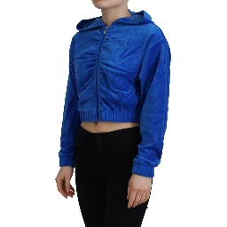 Blue Cotton Full Zip Cropped Hooded Sweatshirt Sweater