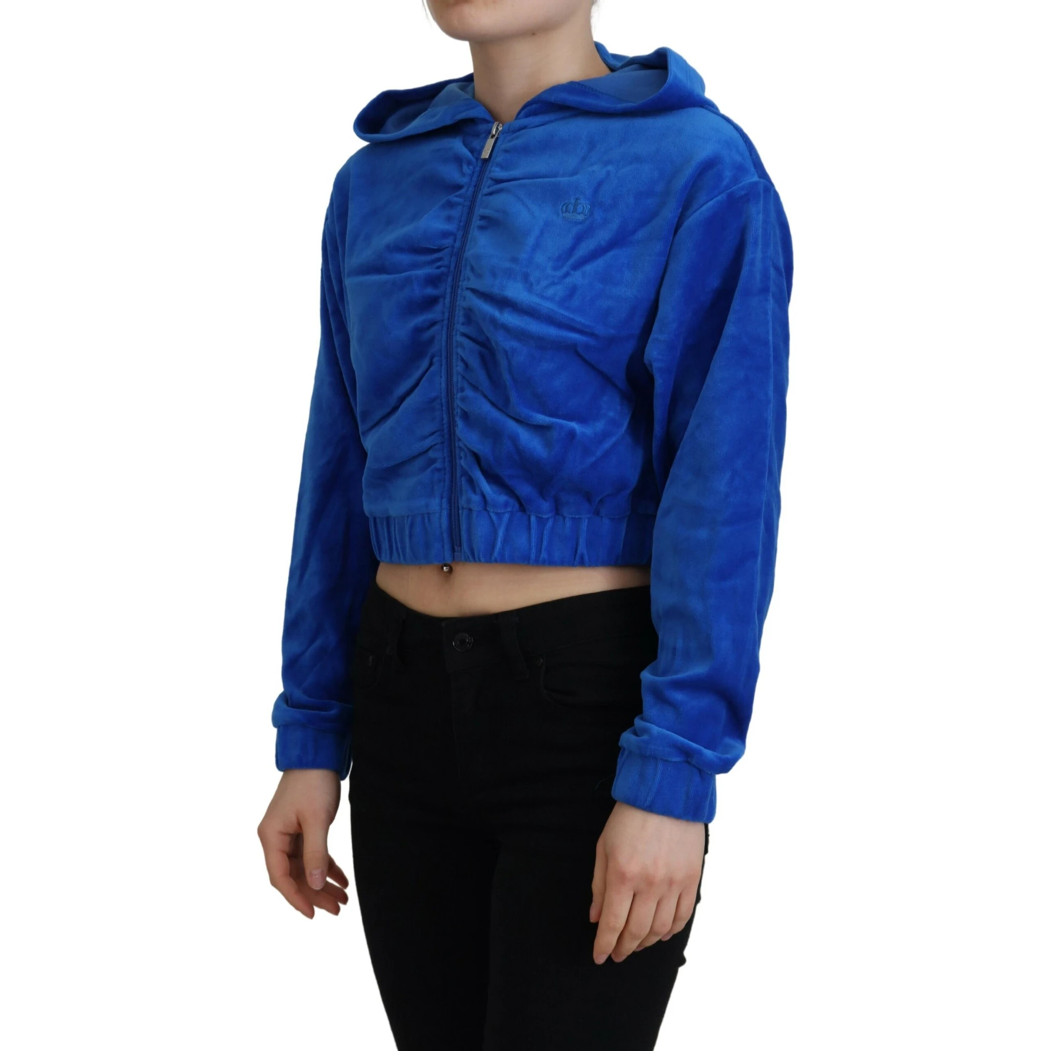 Blue Cotton Full Zip Cropped Hooded Sweatshirt Sweater