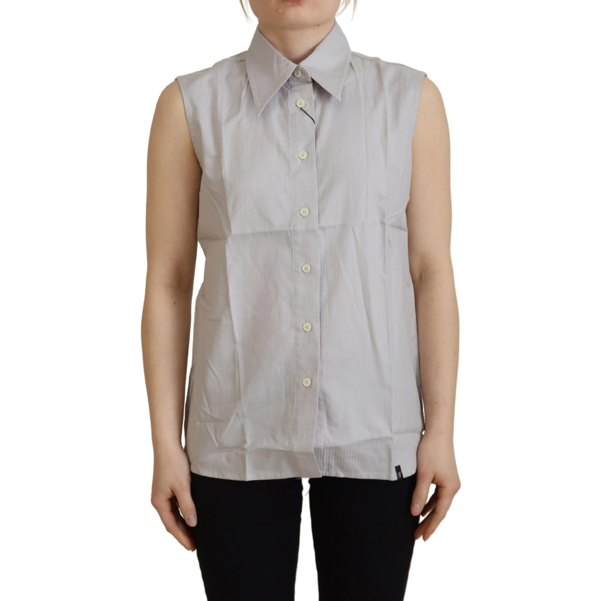 Light Gray Stripes Cotton Sleeveless Collared Top