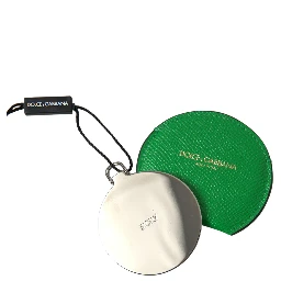 Green Calfskin Leather Round Logo Hand Mirror Holder