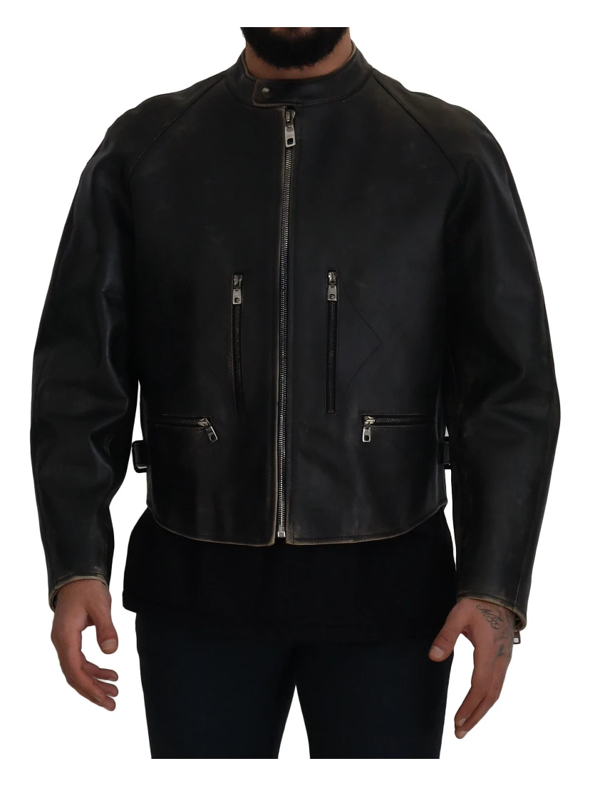 Black Leather Zipper Biker Coat Jacket