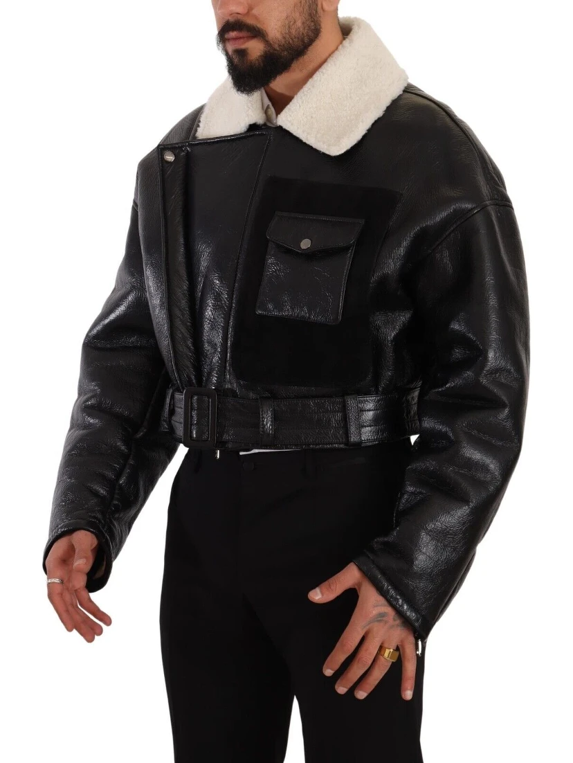 Black Leather Shearling Biker Coat Jacket