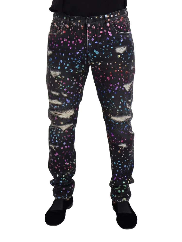 Black Multicolor Print Tattered Denim Jeans