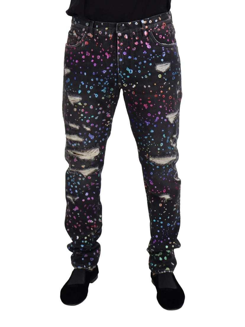 Black Multicolor Print Tattered Denim Jeans