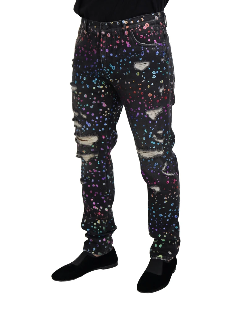 Black Multicolor Print Tattered Denim Jeans alternative