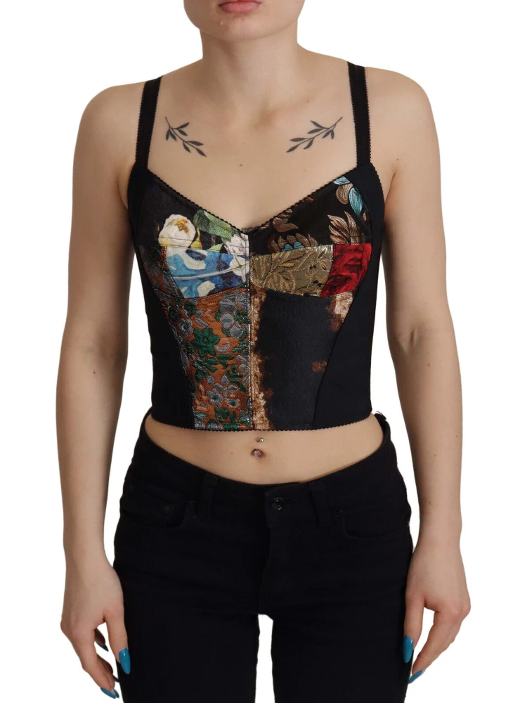 Black Patchwork Sicily Blouse Corset Cropped Top