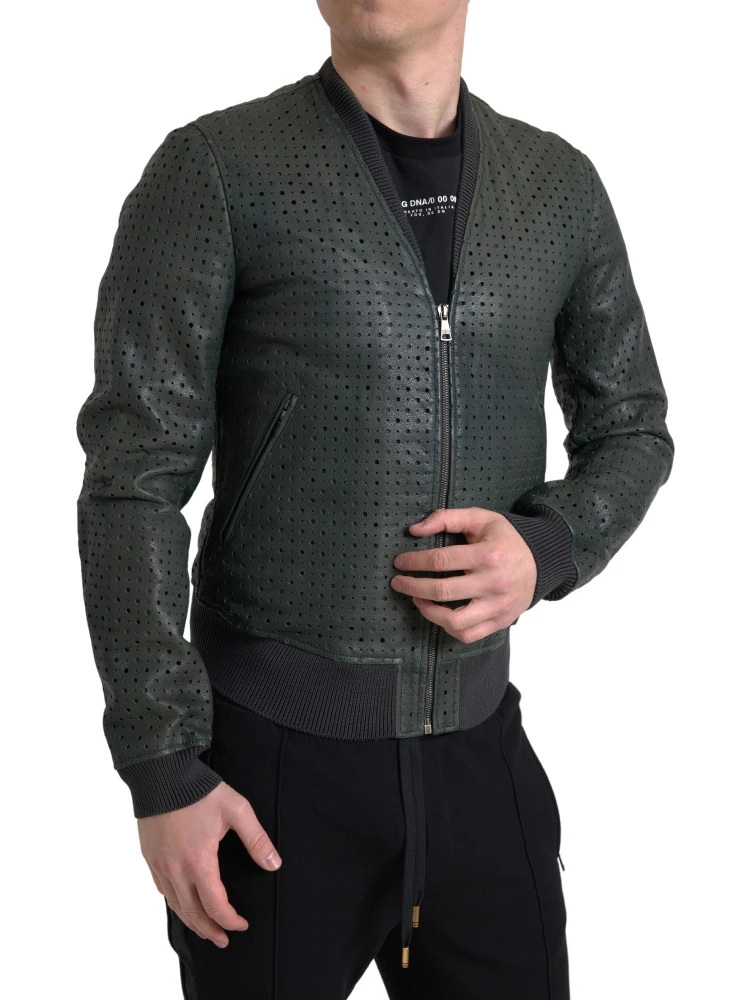 Green Perforated Leather Bomber Jacket