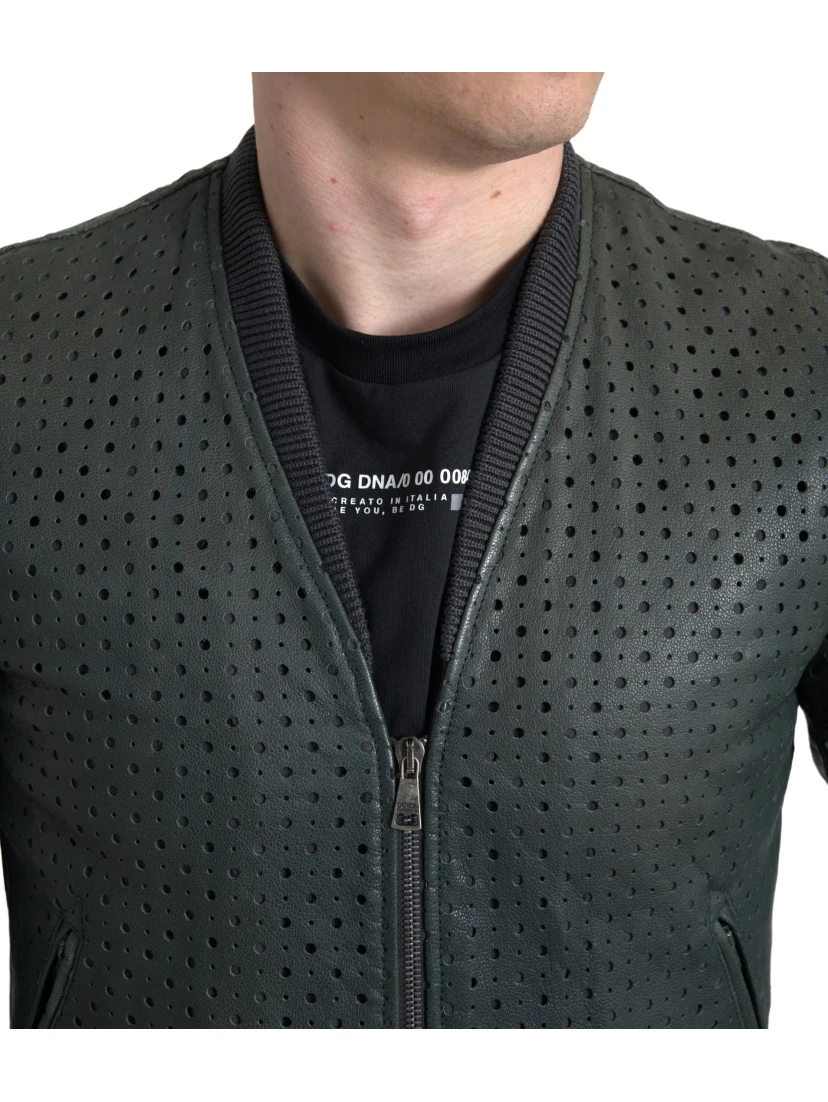Green Perforated Leather Bomber Jacket