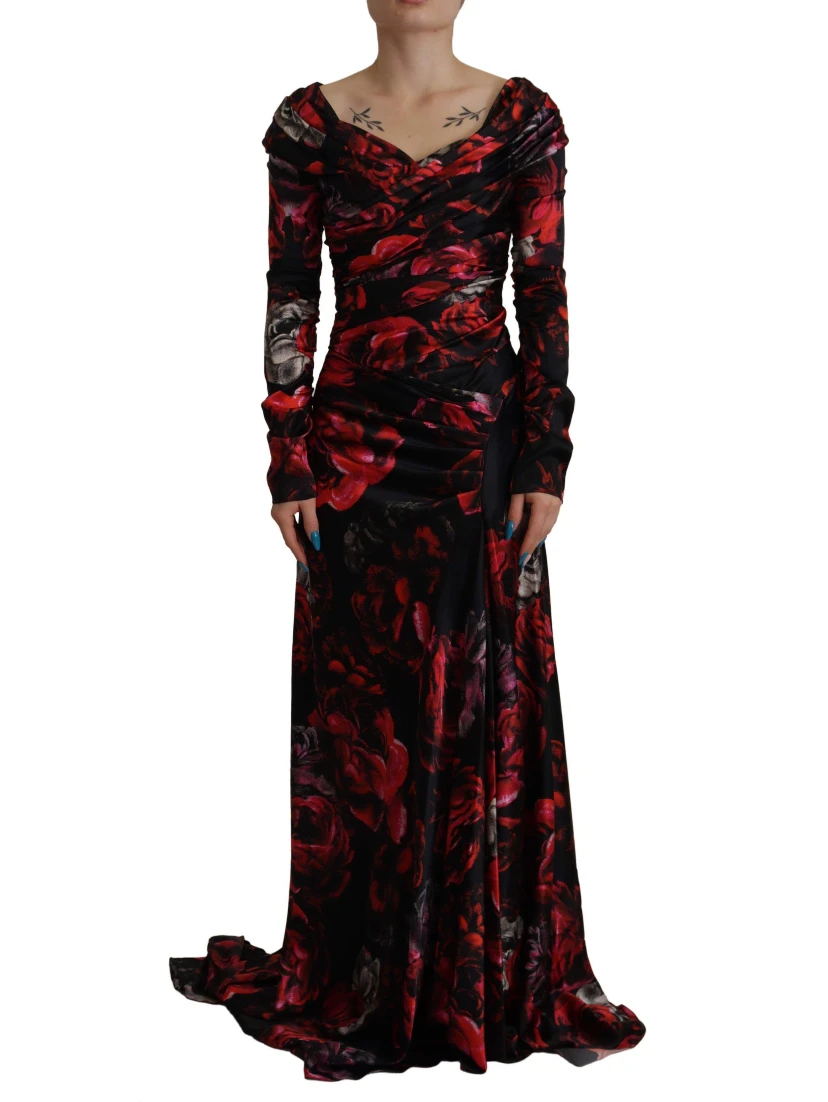 Black Floral Roses A-Line Sheath Gown Dress