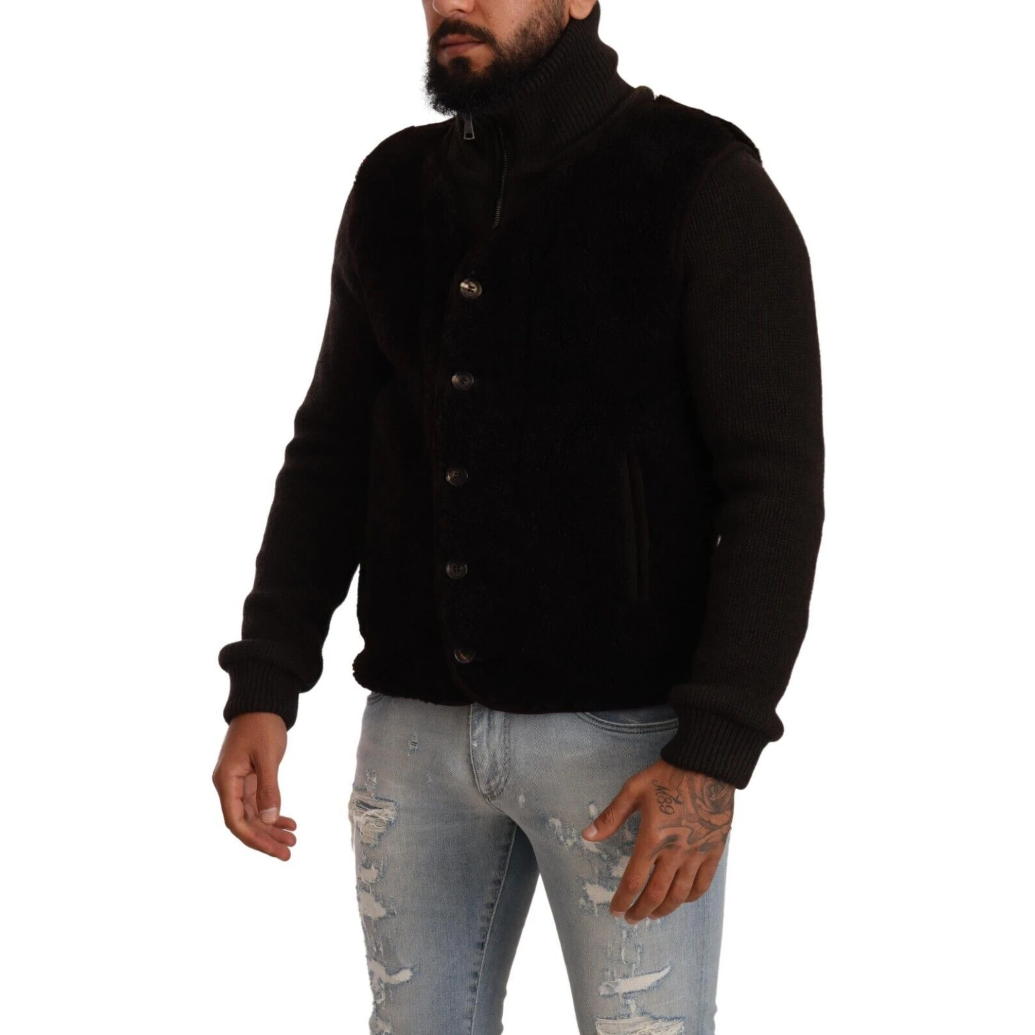 Black Leather Mens Turtle Neck Coat Jacket
