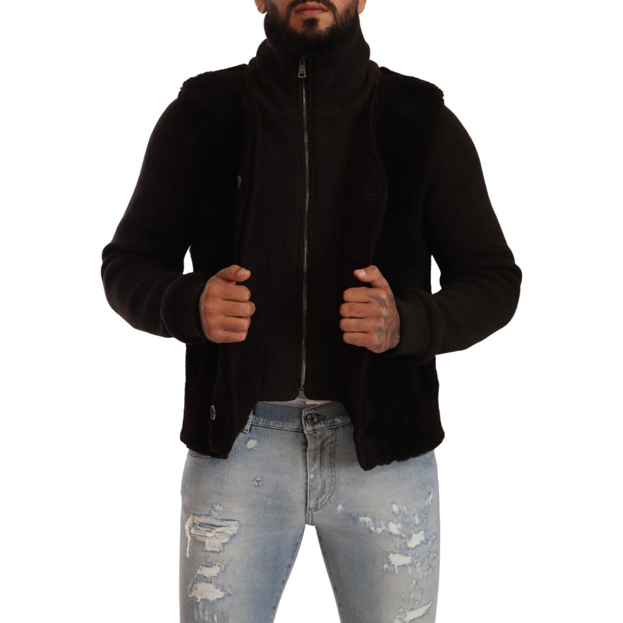 Black Leather Mens Turtle Neck Coat Jacket
