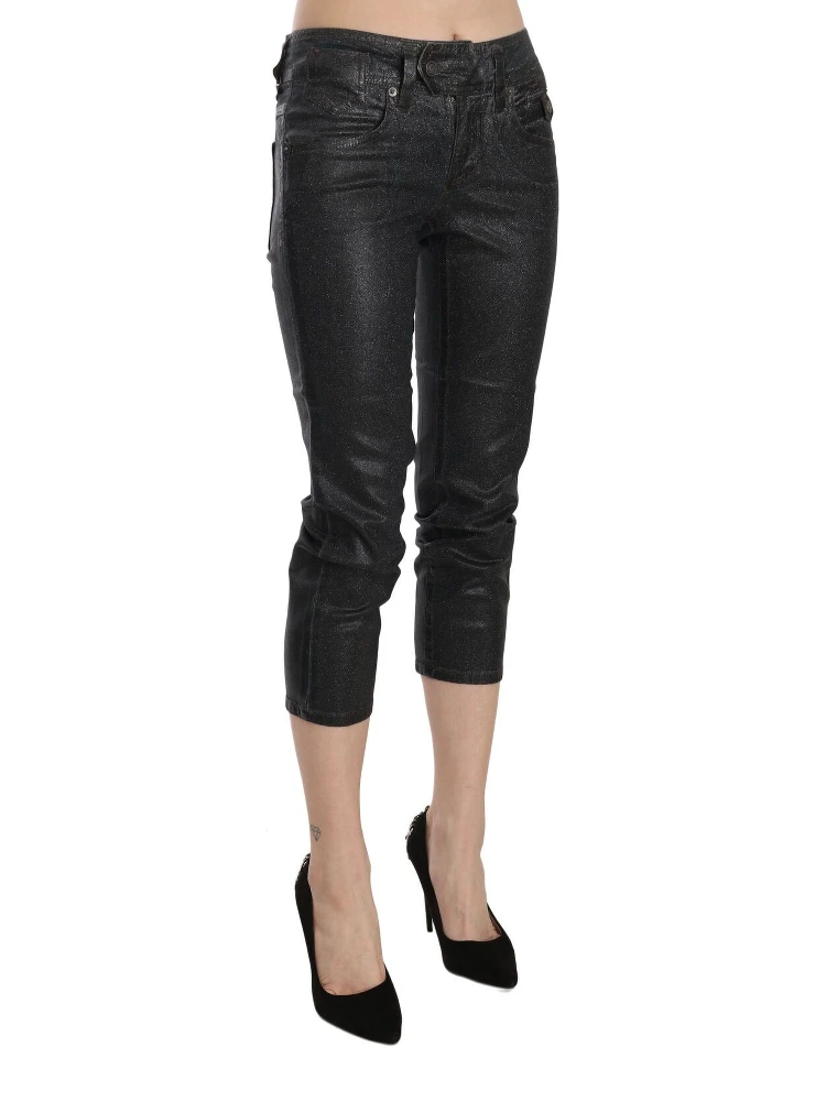 Black Washed Mid Waist Slim Leg Cropped Denim Pants alternative