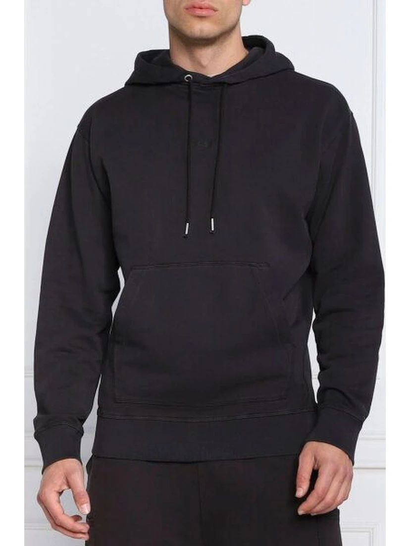 Dark Blue Cotton Logo Details Hooded Sweatshirt
