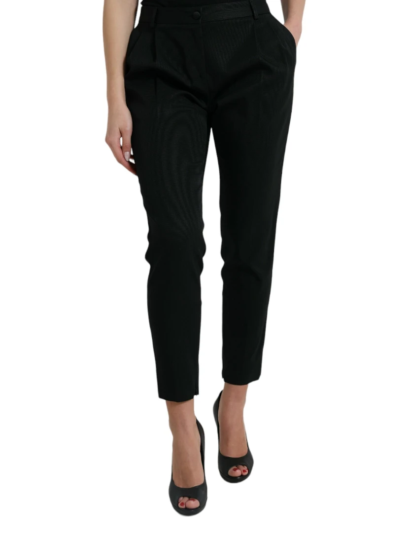 Black Wool High Waist Cropped Tapered Pants
