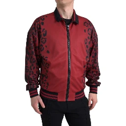 Red Leopard Polyester Bomber Full Zip  Jacket