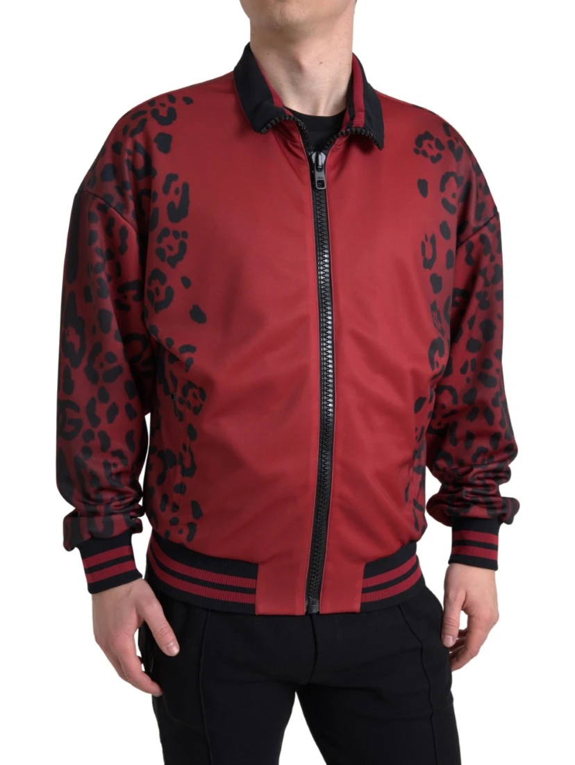 Red Leopard Polyester Bomber Full Zip  Jacket