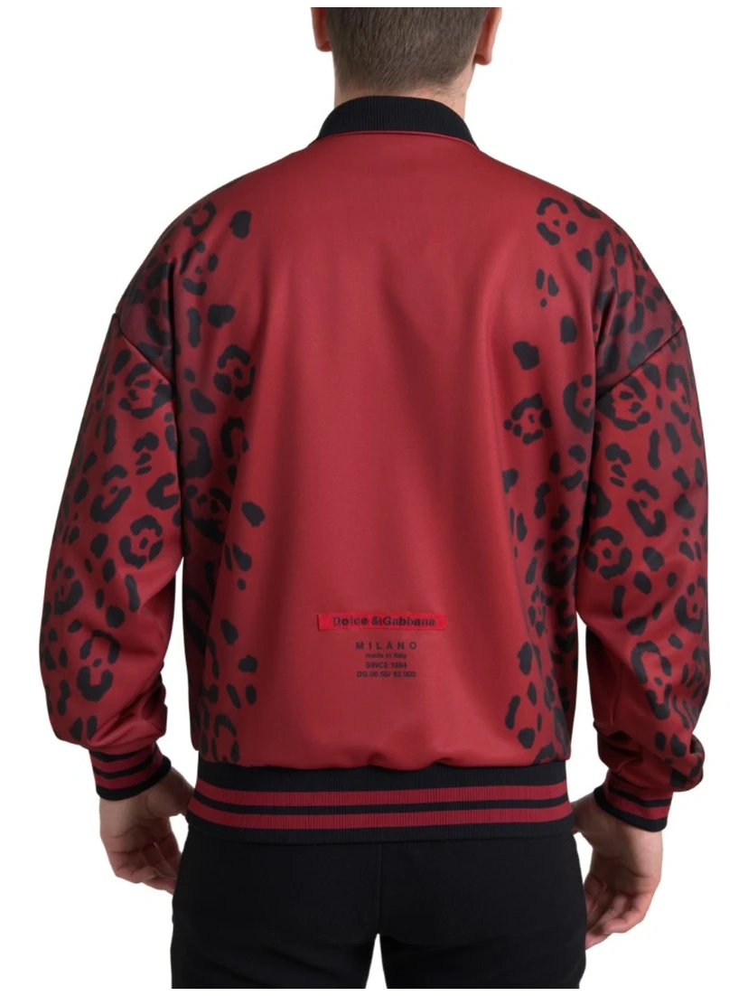 Red Leopard Polyester Bomber Full Zip  Jacket