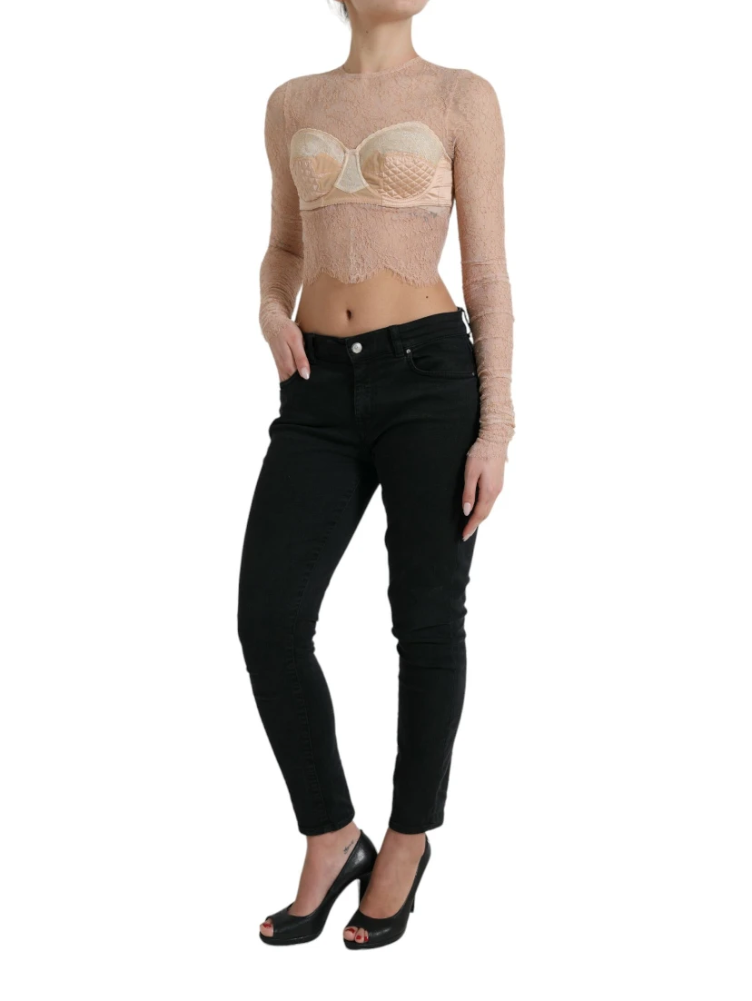 Beige Nylon Floral Lace Bustier Cropped Top