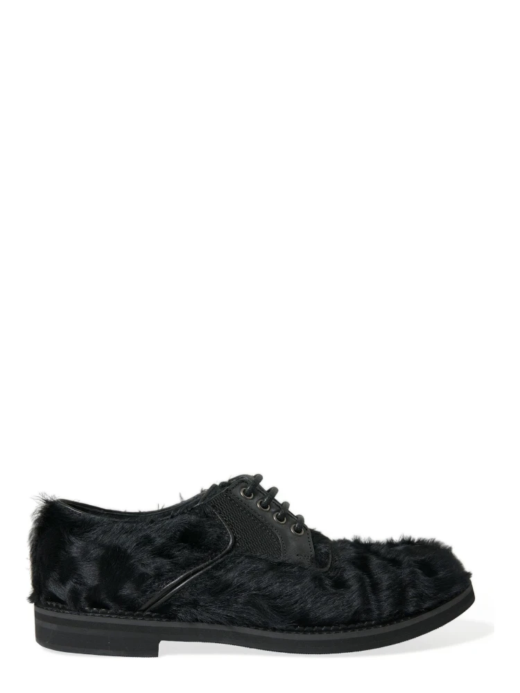 Black Fur Leather Lace Up Derby Dress Shoes