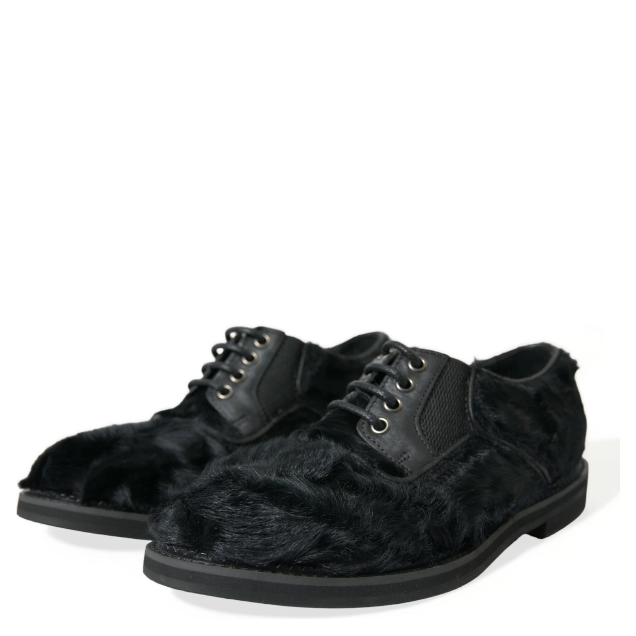Black Fur Leather Lace Up Derby Dress Shoes